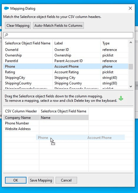 Screnshot of Salesforce Data Loader field mapping screen.