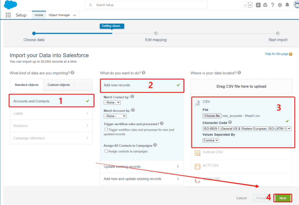 Screenshot of Salesforce Data Import Wizard.