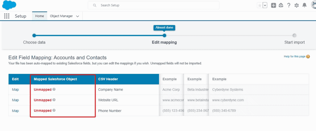 Screenshot of Salesforce Data Import Wizard field mapping screen.