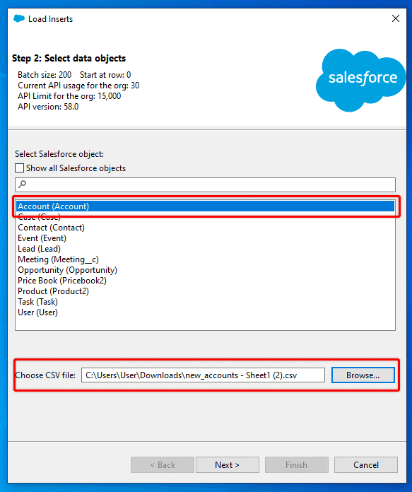 Screenshot of Salesforce Data Loader object selection screen.