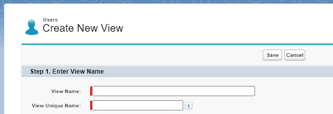 Screenshot of Salesforce 'Create New View' screen.