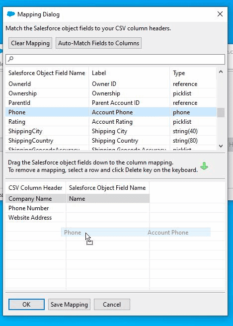 Screenshot of Salesforce Data Loader field selection screen.