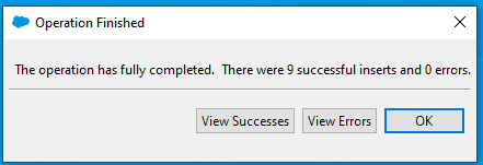 Screenshot of Salesforce Data Loader job completion screen.