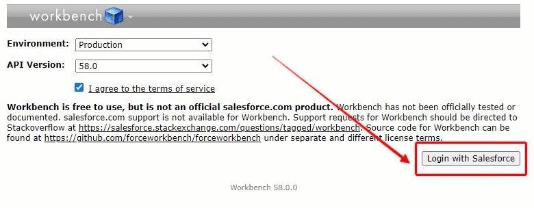 Screenshot of Salesforce Workbench Login screen.