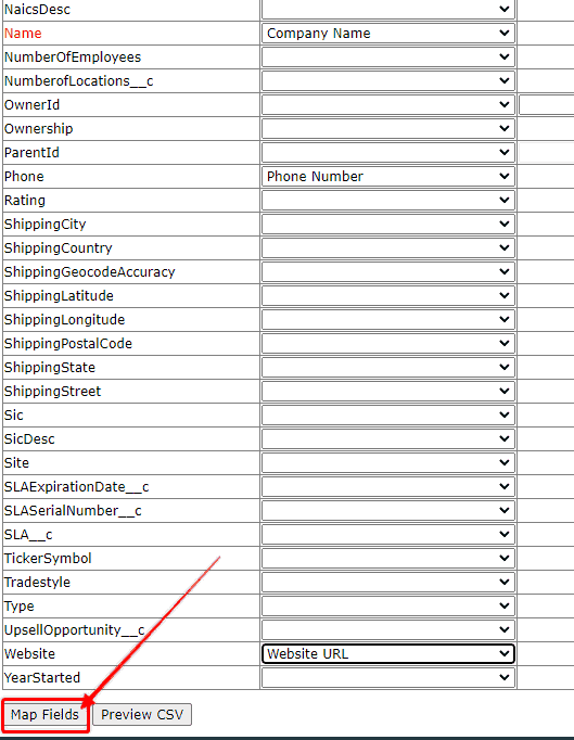 Screenshot of Salesforce Workbench field mapping screen.