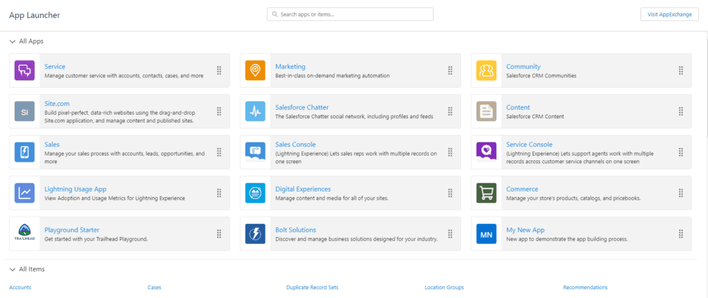 Screenshot of All Apps available for a certain profile in the Salesforce App Launcher.