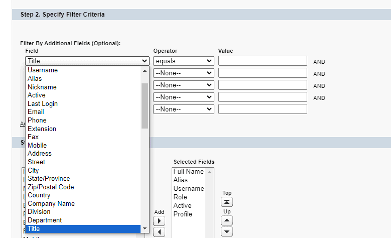 Screenshot of Salesforce where new user lists view criteria is determined.