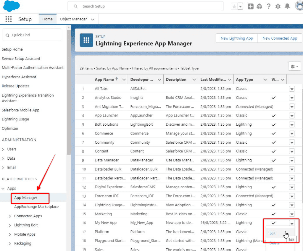 Screenshot of Salesforce Lightning Experience App Manager.