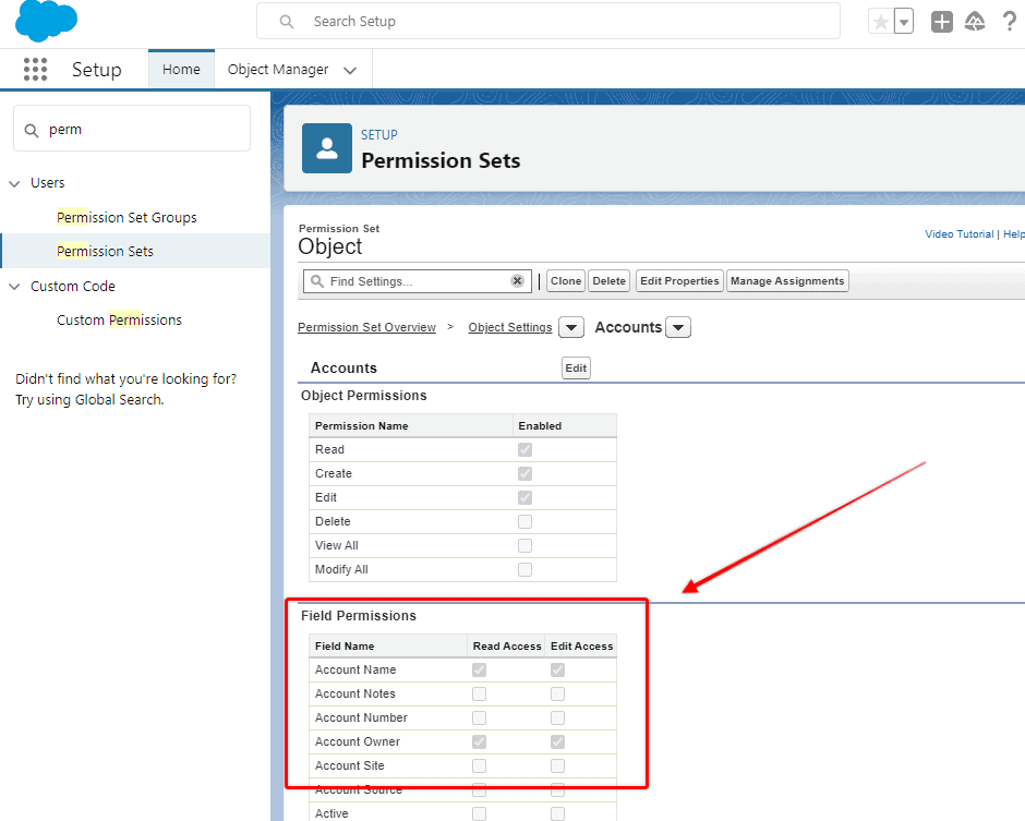 Screenshot of Saleforce field-level security settings for an Object in Permission Set Settings.