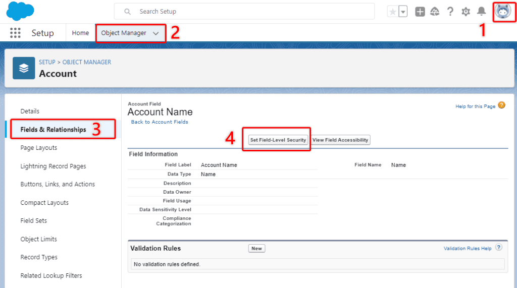 Screenshot of Saleforce field-level security settings for an Object on the Object Manager screen.