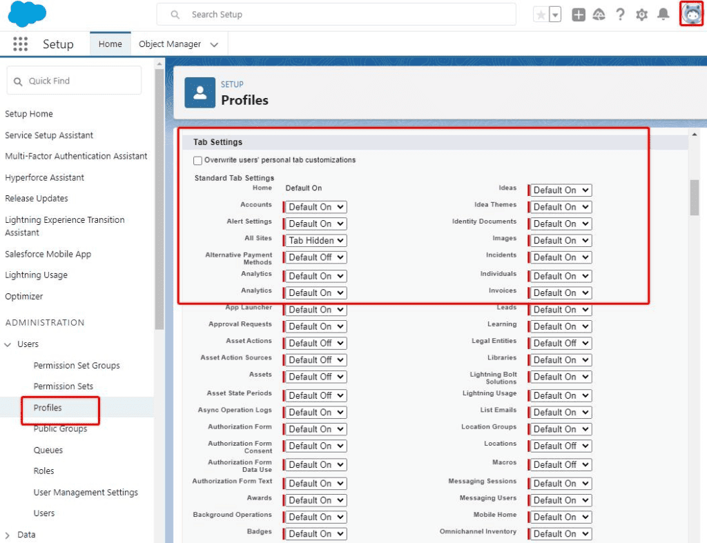 Screenshot of Saleforce tab visibility settings for an Tab in Profile Settings.