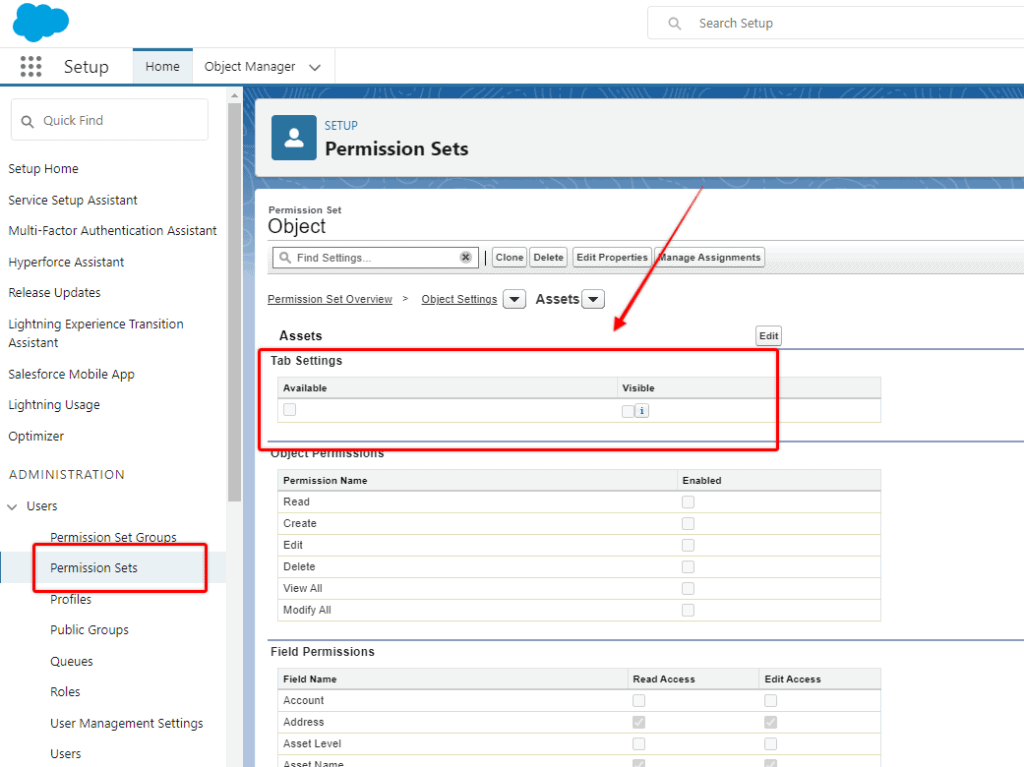 Screenshot of Saleforce tab visibility settings for an Tab in a Permission Set settings screen.