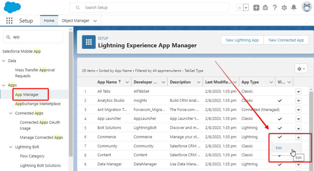 Screenshot of Saleforce tab visibility settings for an Tab in App Manager settings screen.