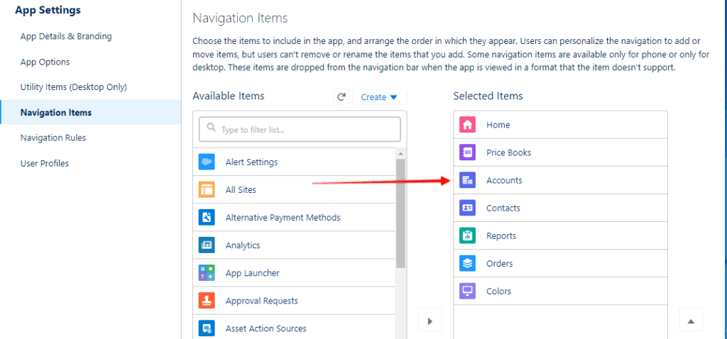 Screenshot of Saleforce tab visibility settings for an Tab in App Manager navigation items settings screen.