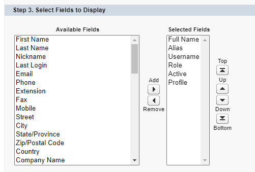 Screenshot of Salesforce showing the fields that can be added to a new user list view.