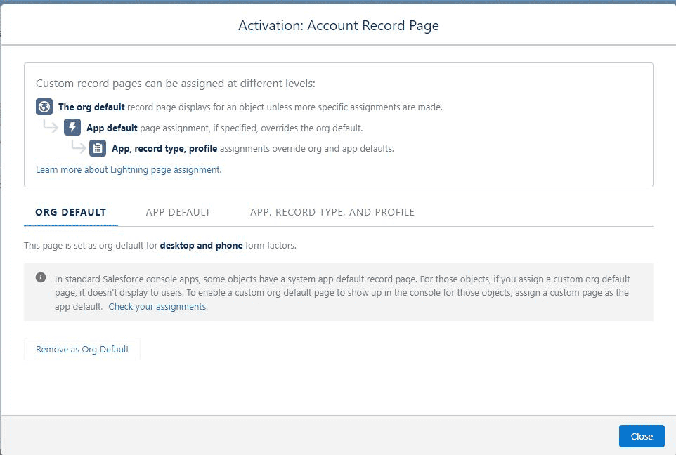 Screenshot of Salesforce Lightning Page Activation settings screen.