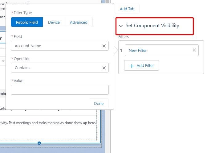 Screenshot of Salesforce Lightning Page component visibility configuration settings.