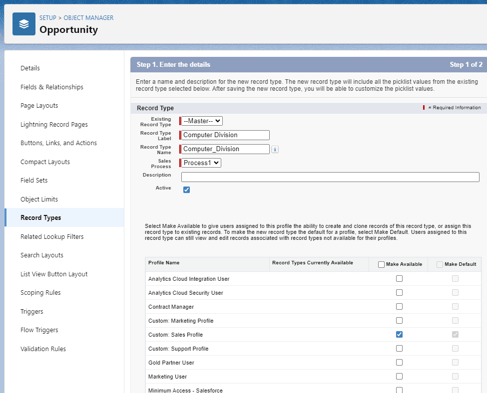 Screenshot of Salesforce Opportunity object Record Types screen.