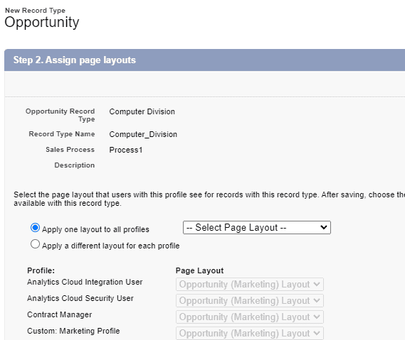 Screenshot of Salesforce Record Type Page Layout assignment screen.