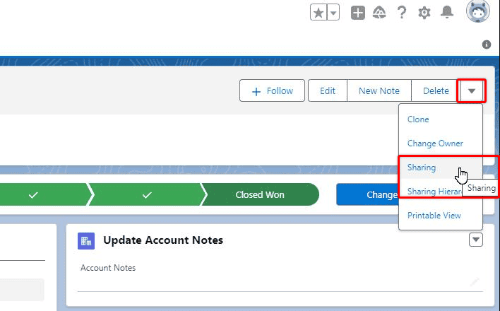 Screenshot of a Salesforce Record with the 'Sharing' button highlighted.