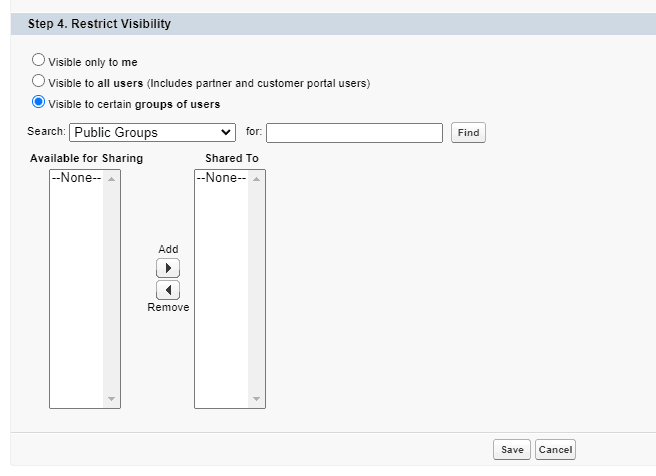 Screen shot of Salesofrce new user list view visibility settings. 