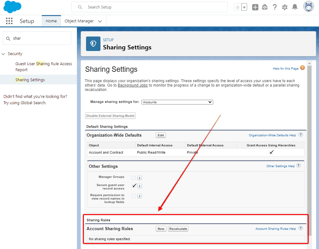 Screenshot of Salesforce Sharing Settings screen.