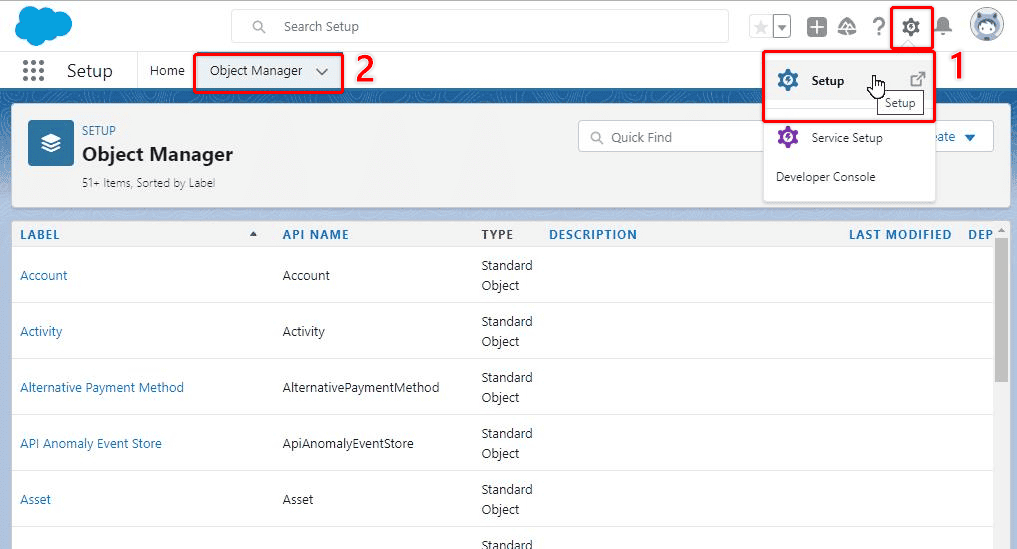 Screenshot of Salesforce Setup Area with Object Manager highlighted.