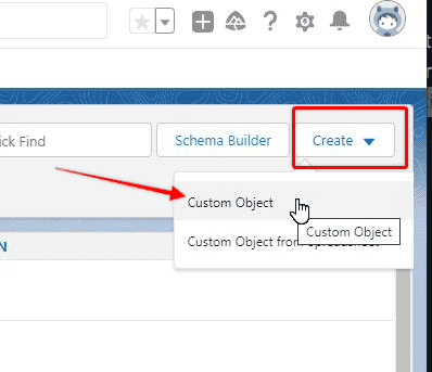 Screenshot of Salesforce Object Manager with 'Create New Object' highlighted.