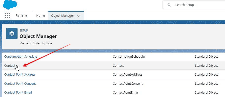 Screenshot of the Salesforce Object Manager.