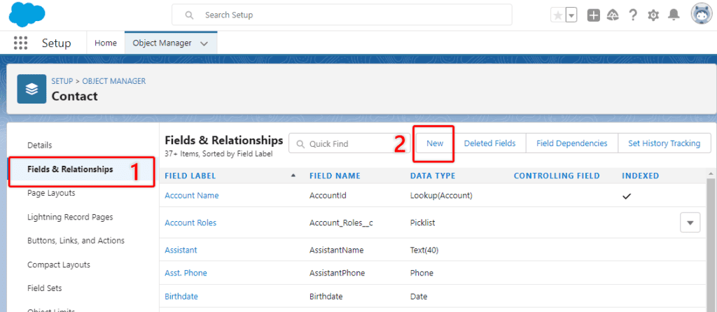 Screenshot from the Salesforce Object Manager, Fields & Relationships page.