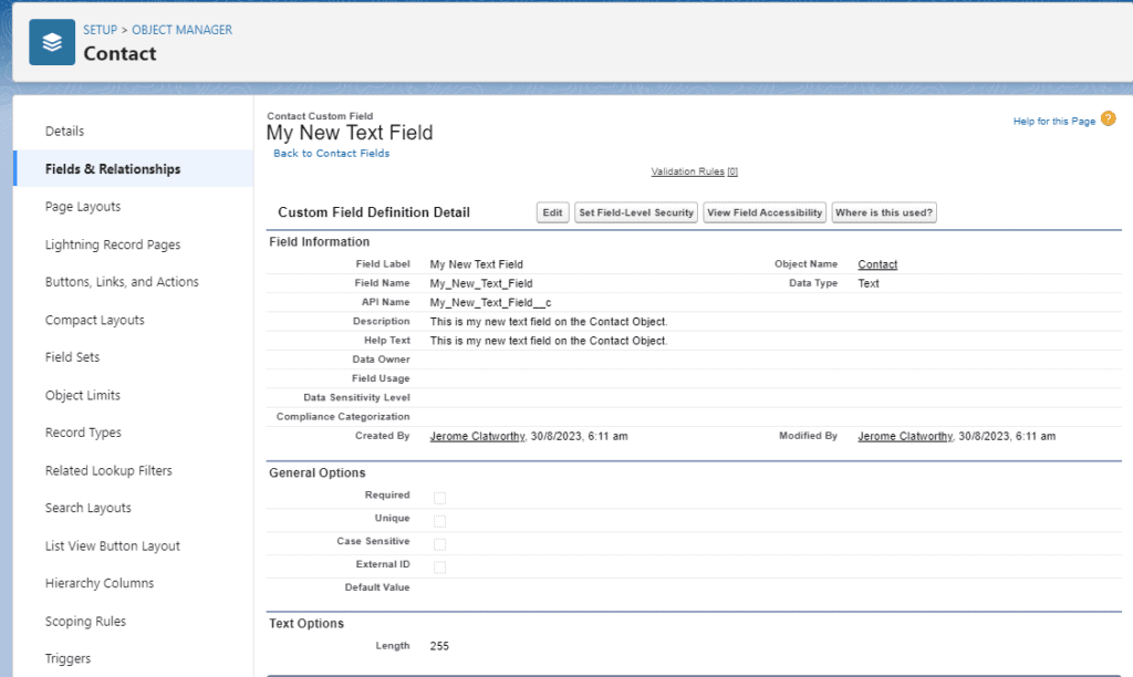 Screenshot of Salesforce field details screen in Object Manager.