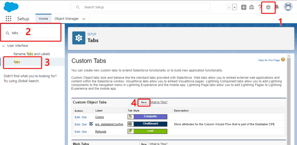 Screenshot of Salesforce Custom Tabs list in Salesforce Setup.