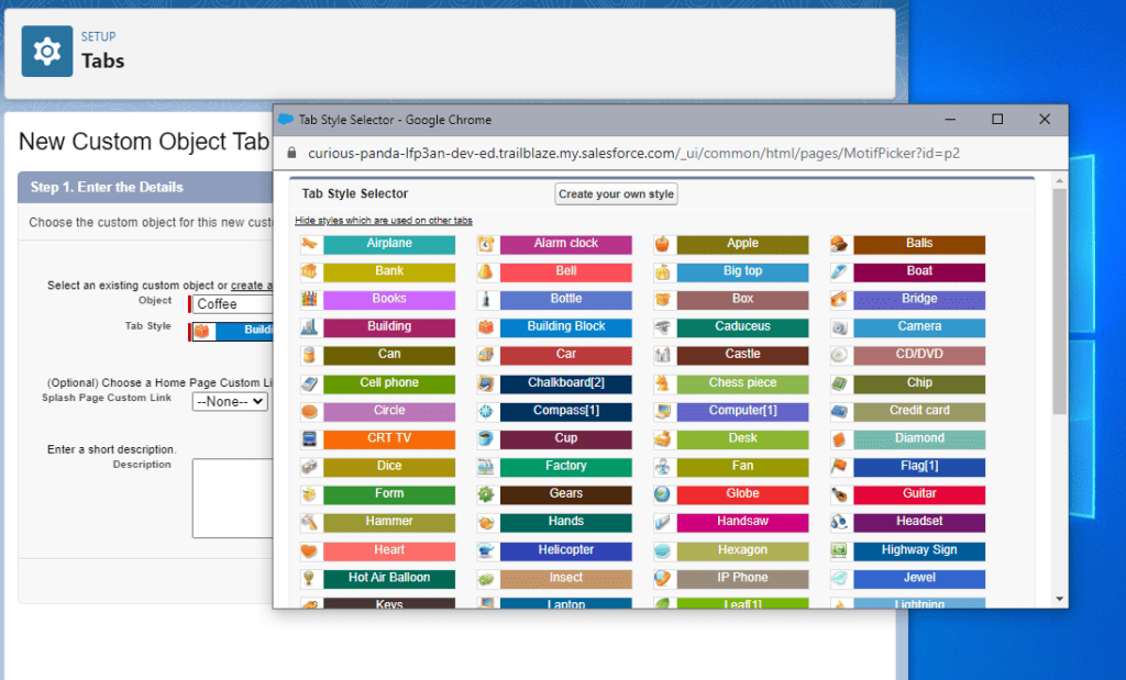 Screenshot of the Salesforce Tab Style Selector.