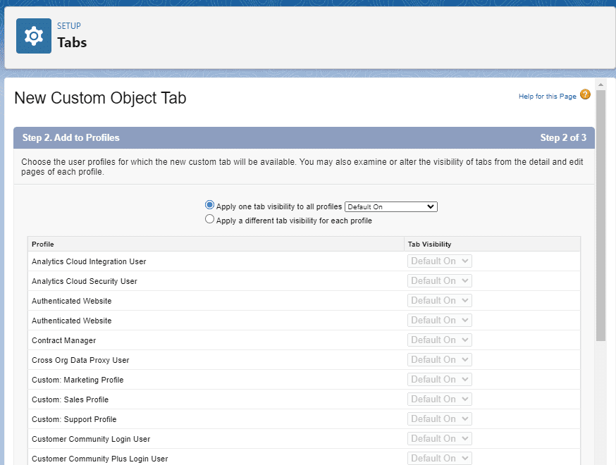 Screenshot of Salesforce Profile list in the New Custom Object Tab Wizard'.