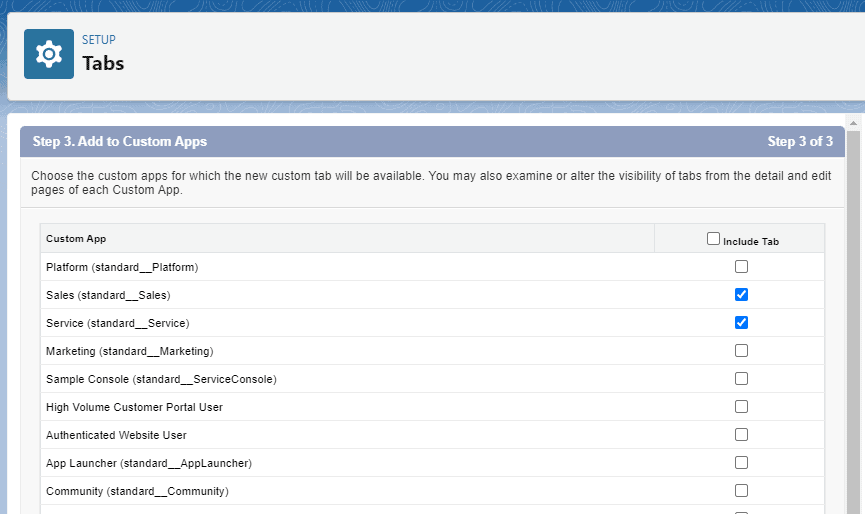 Screenshot of Salesforce App list, in the 'New Custom Object Tab Wizard'.