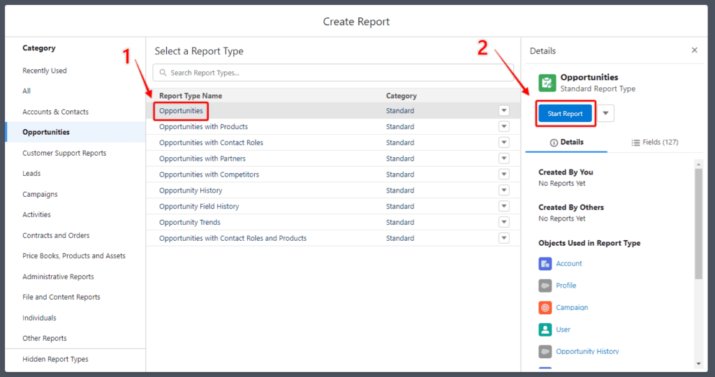 Screenshot of Salesforce report builder interface and the 'Start Report' button highlighted.