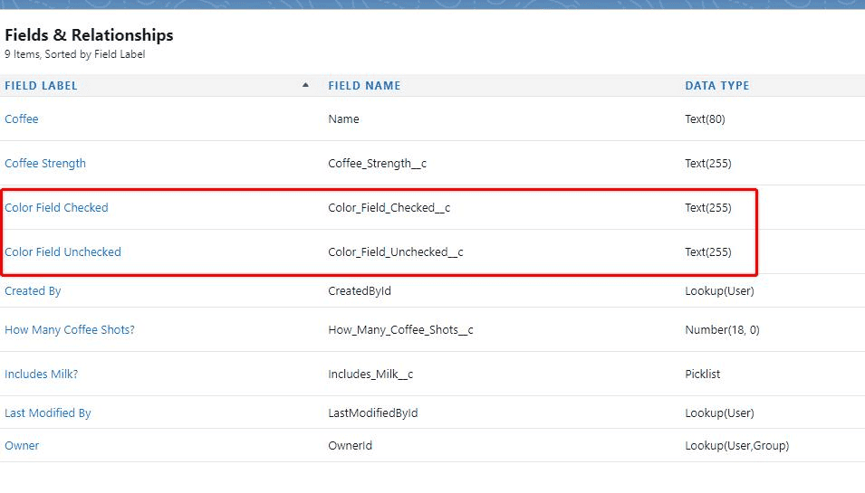 Screenshot of Salesforce Object manager, with two fields highlighted form the Fields & Relationships menu item.