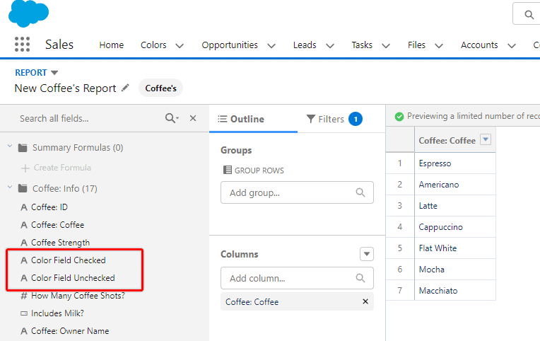 Screenshot of Salesflorce Report Builder with two fields form the fiel sidebar highlighted.