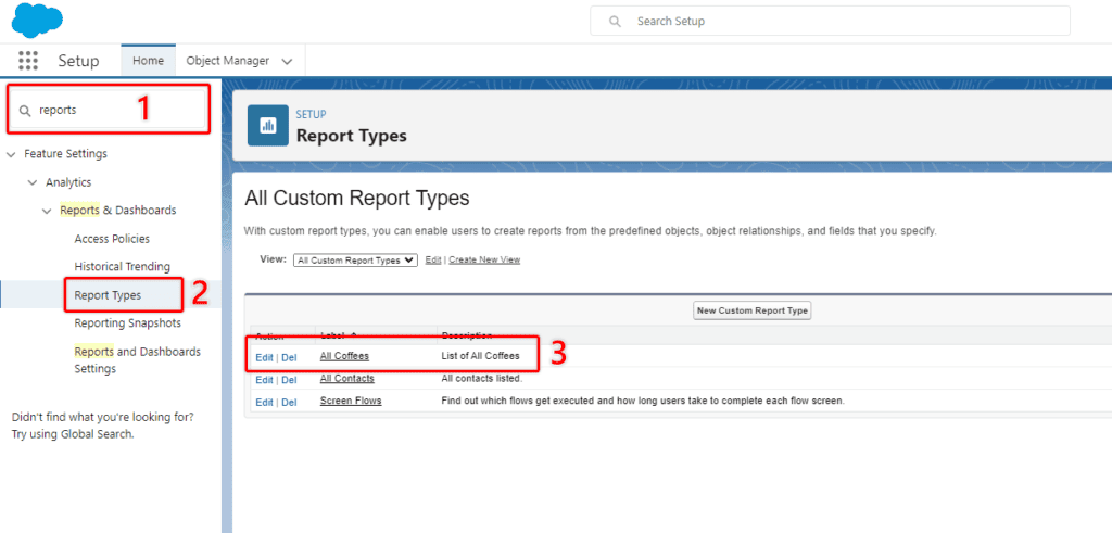 Screenshot of Salesforce Setup area with 'Report Types' highlighted form the Setup menu.