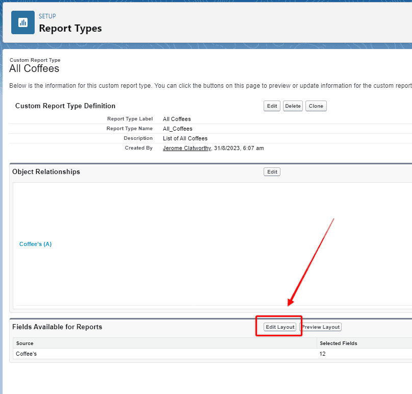 Screenshot of Salesforce Custom Report Type in 'edit' mode.