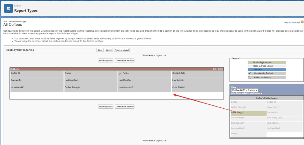 Screenshot of a Salesforce Custom report type page layout editor.