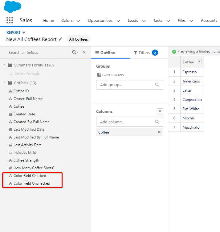 Screenshot of Salesforce Report Builer with two fields from the fields side bar highlighted.