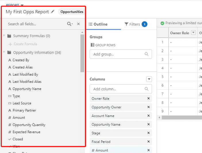 Screenshot fo Salesforce field selector sidebar.