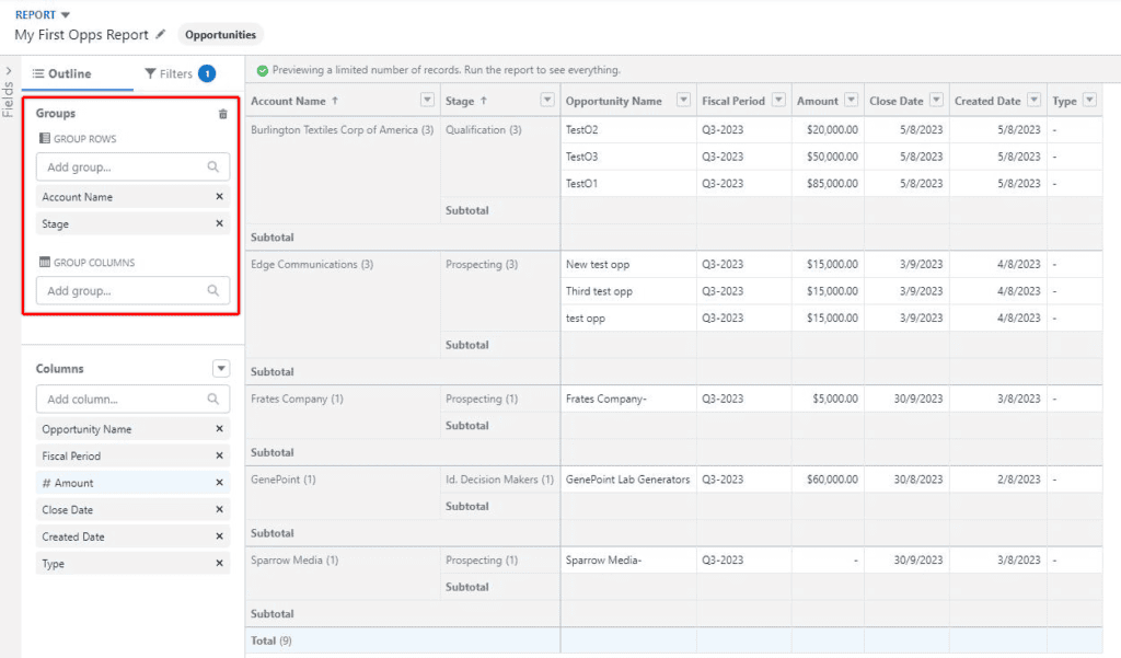 Screenshot of Salesforce report in edit mode and the groups configuraiton section highlighted. 