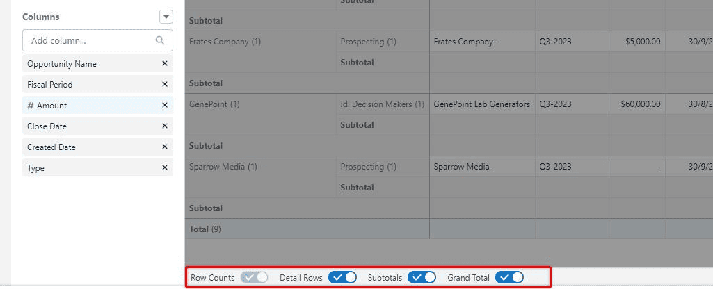 Screenshot of Salesforce report builder and row total  toggle options highlighted.