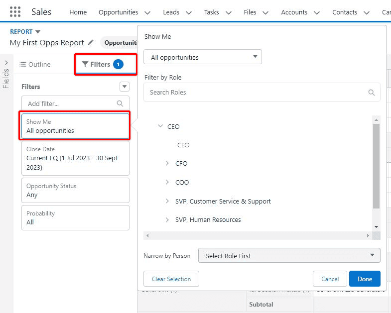 Screenshot of Salesforce report in editing mode and filtering options highlighted.