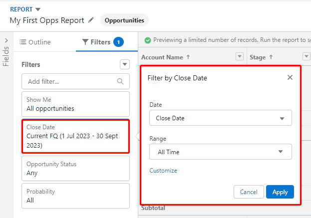 Screenshot of Salesforce report in editing mode and filtering options highlighted.