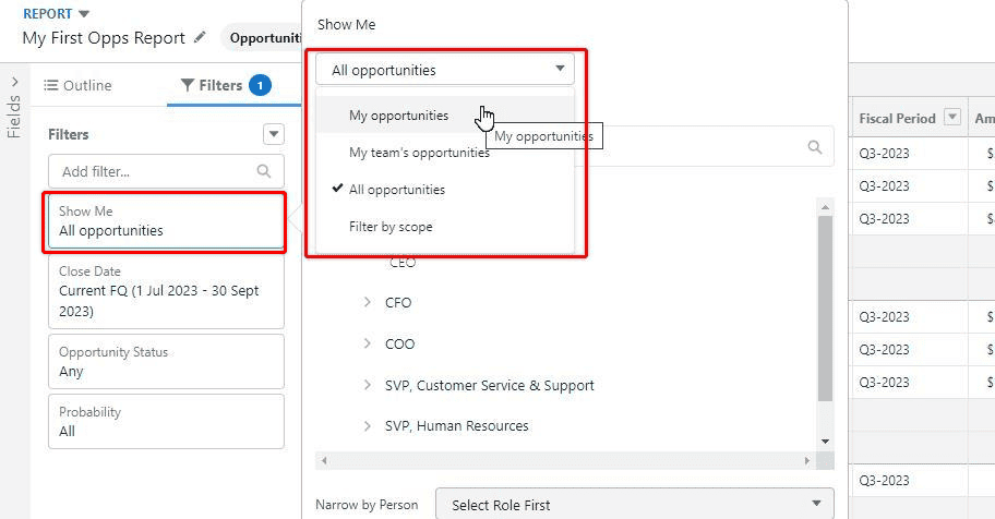 Screenshot of Salesforce report in editing mode and filtering options highlighted.