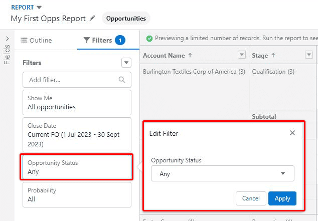 Screenshot of Salesforce report in editing mode and filtering options highlighted.