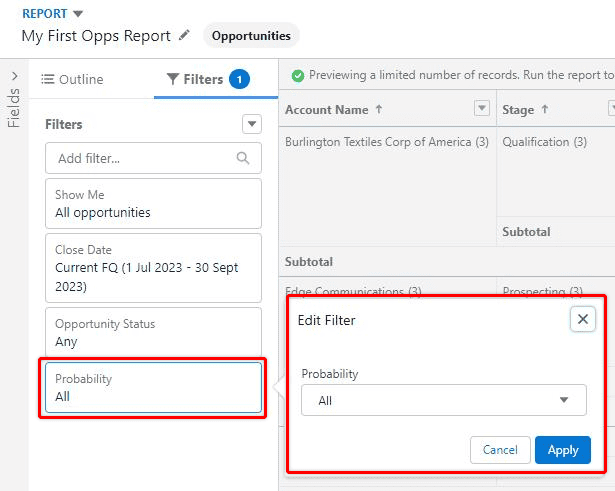 Screenshot of Salesforce report in editing mode and filtering options highlighted.